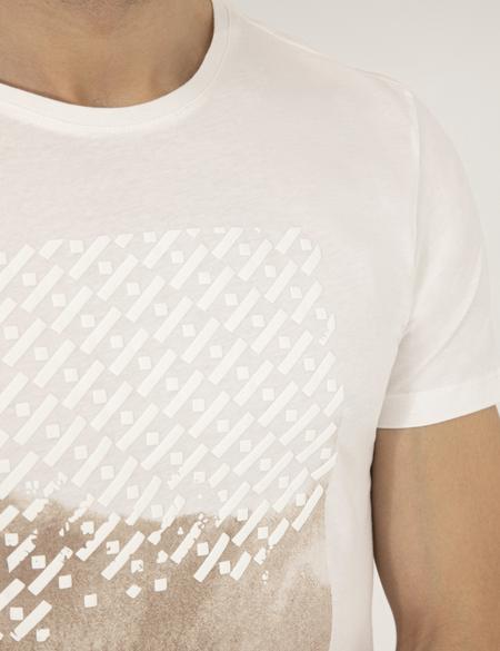 Ekru Slim Fit Baskılı Bisiklet Yaka Tişört - 50264716028