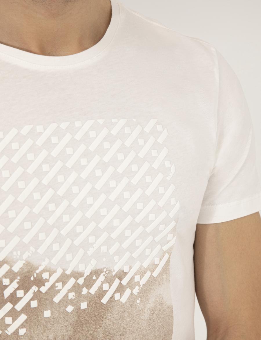 Ekru Slim Fit Baskılı Bisiklet Yaka Tişört