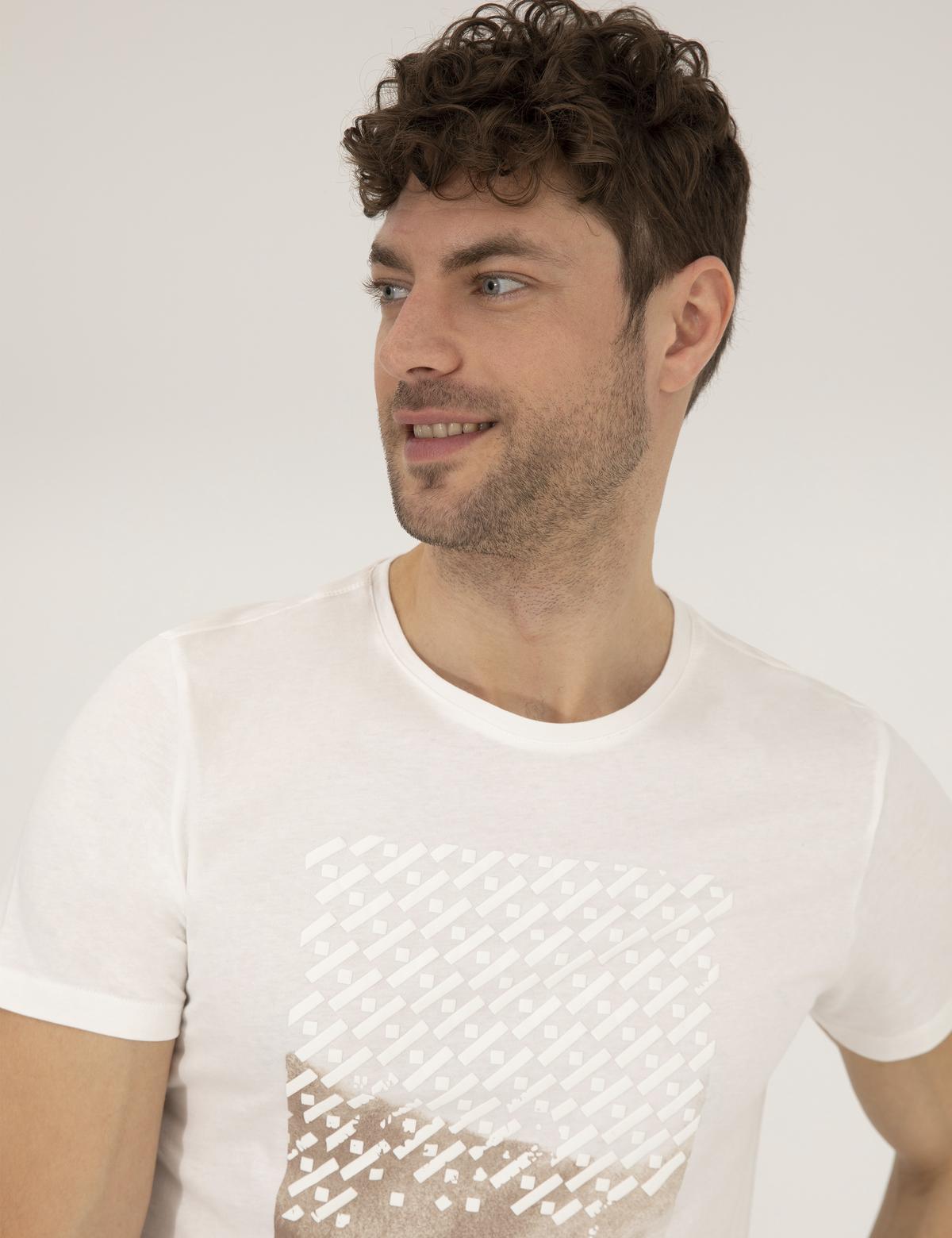 Ekru Slim Fit Baskılı Bisiklet Yaka Tişört - 50264716028