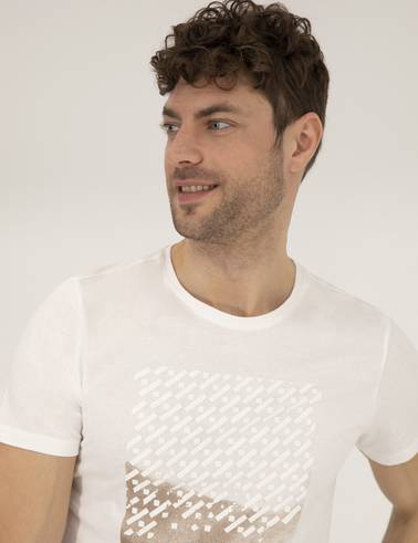 Ekru Slim Fit Baskılı Bisiklet Yaka Tişört