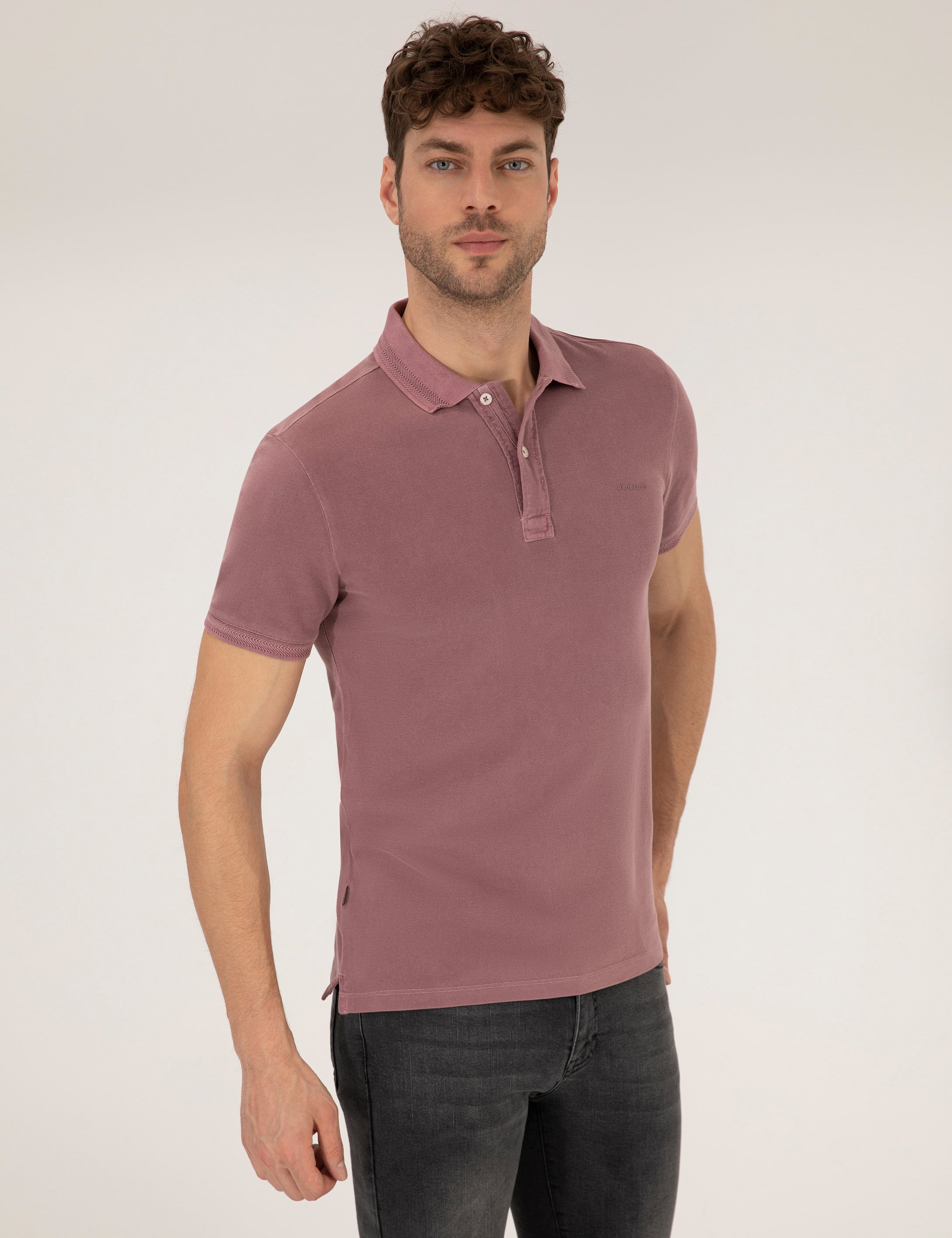 Pembe Dokulu Slim Fit %100 Pamuk Düğmeli Polo Yaka Tişört