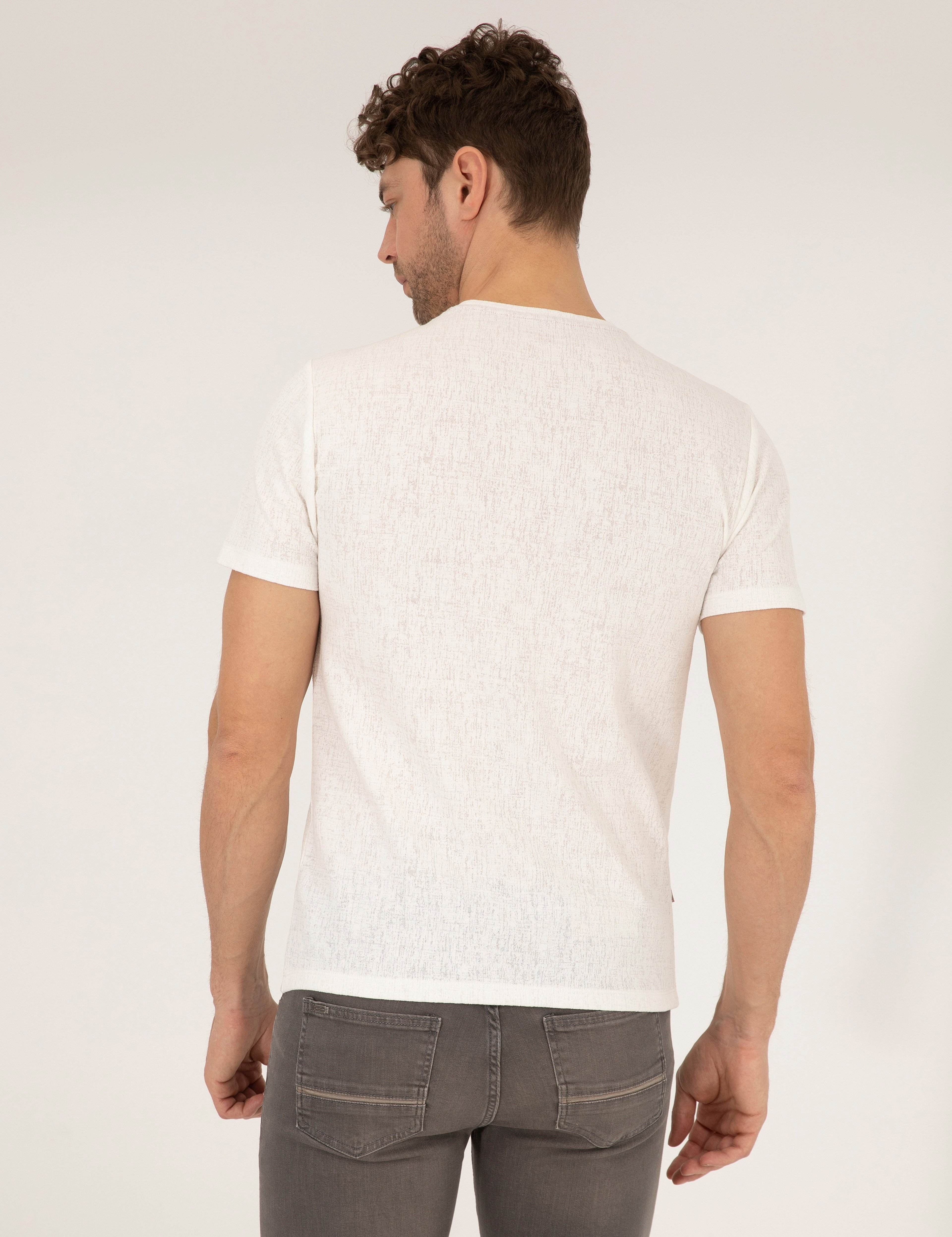 Ekru Slim Fit Baskılı Bisiklet Yaka Tişört - Image 5