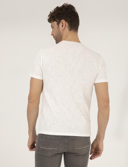 Ekru Slim Fit Baskılı Bisiklet Yaka Tişört - 50264859056