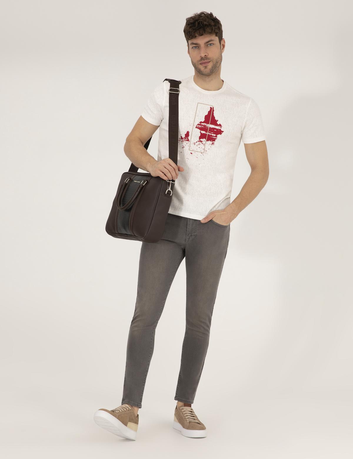 Ekru Slim Fit Baskılı Bisiklet Yaka Tişört - 50264859056