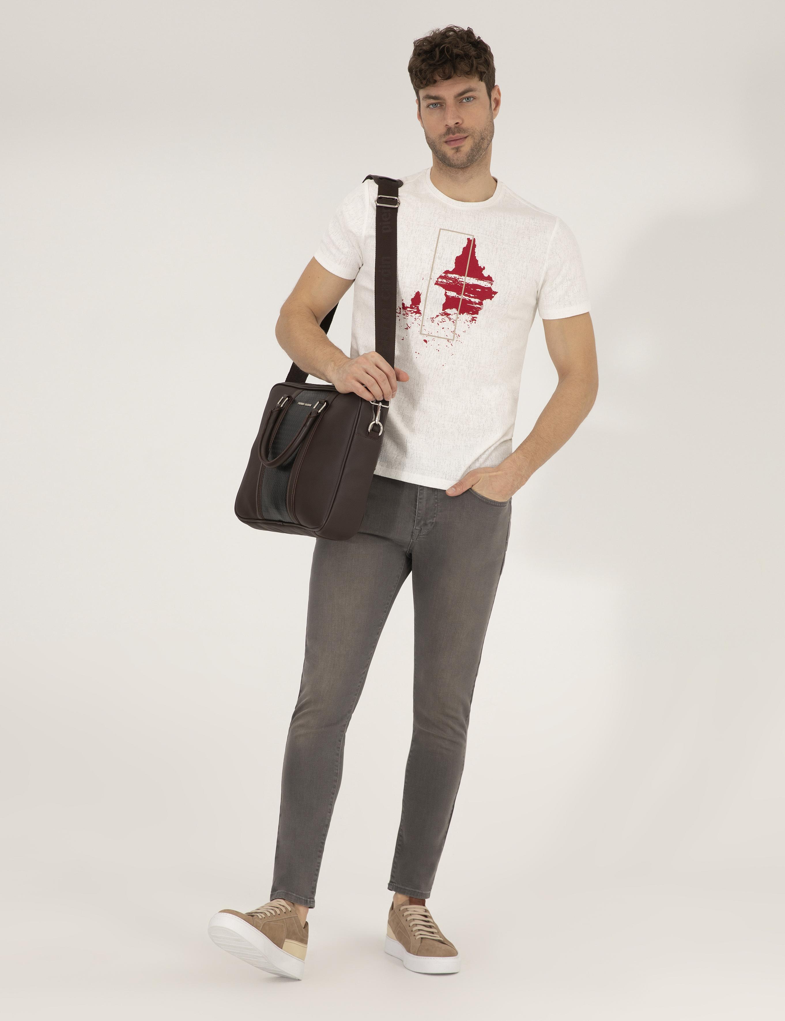 Ekru Slim Fit Baskılı Bisiklet Yaka Tişört