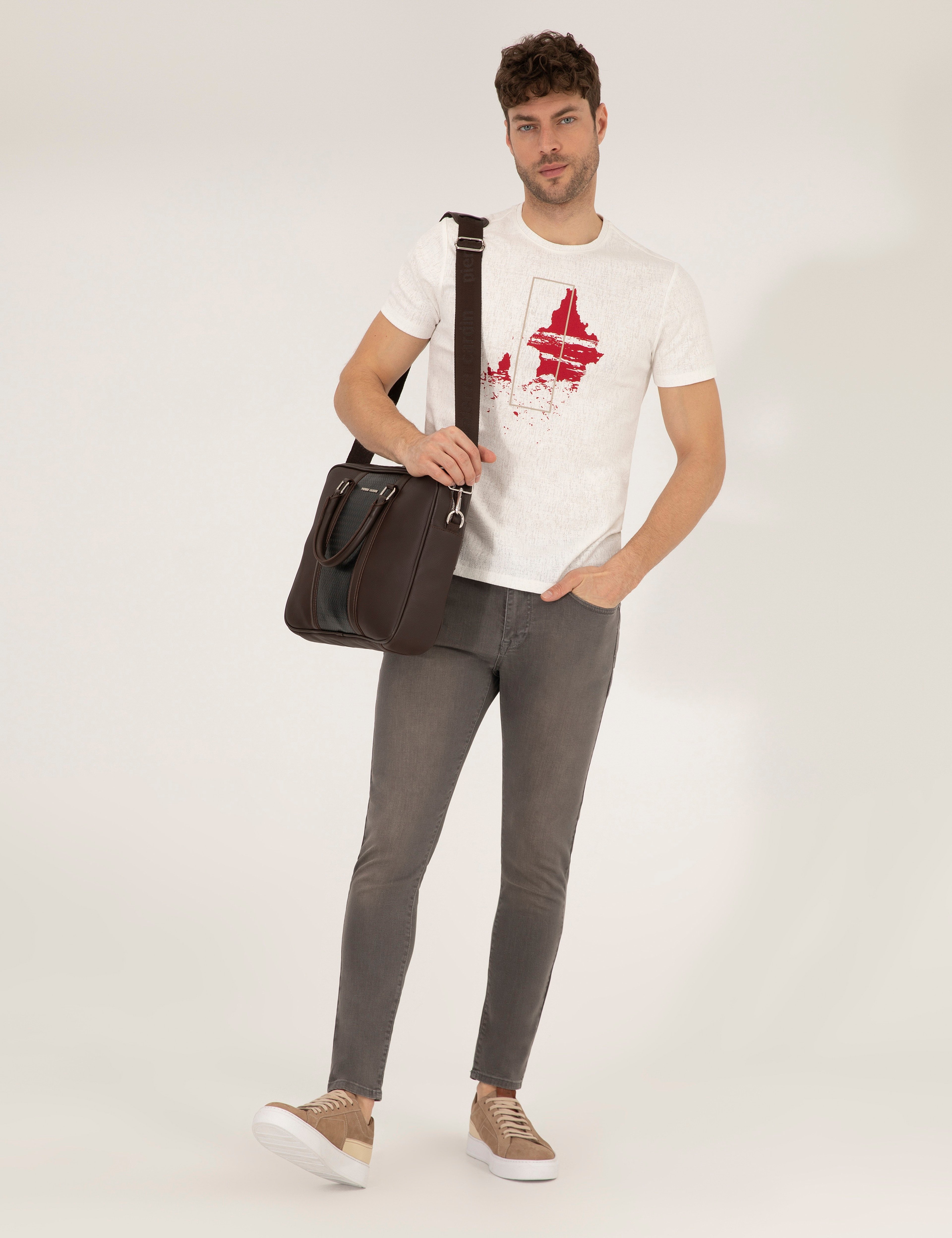 Ekru Slim Fit Baskılı Bisiklet Yaka Tişört - Image 4