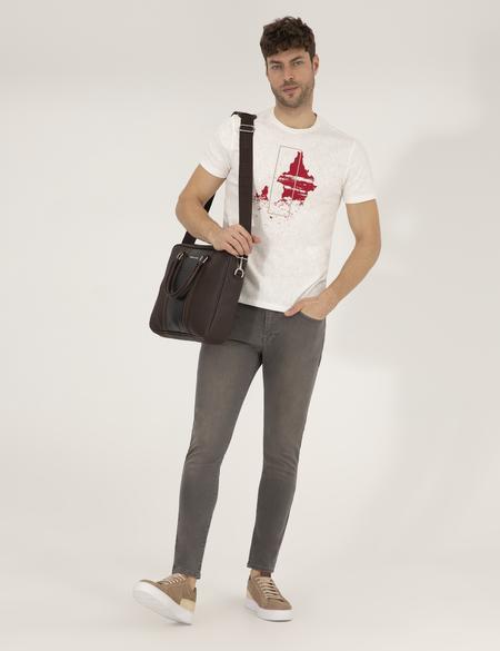 Ekru Slim Fit Baskılı Bisiklet Yaka Tişört - 50264859056