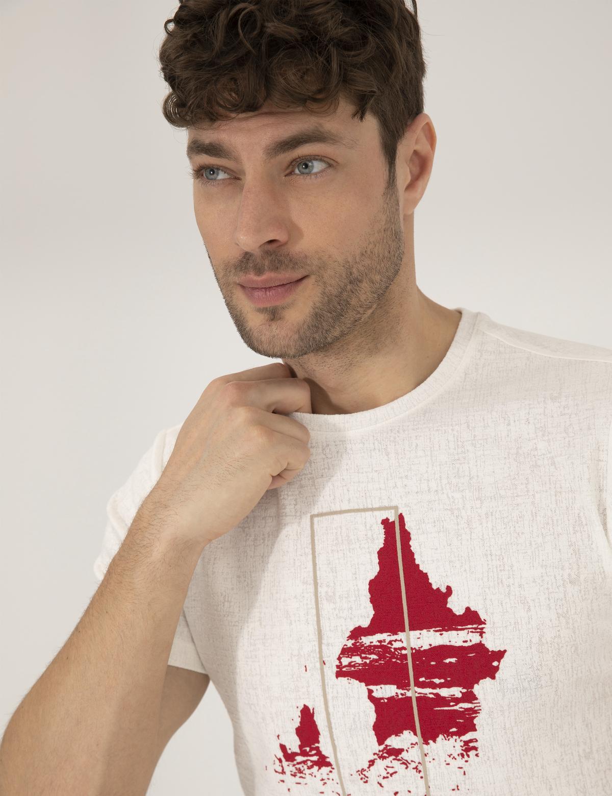 Ekru Slim Fit Baskılı Bisiklet Yaka Tişört - 50264859056