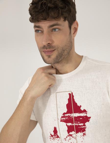 Ekru Slim Fit Baskılı Bisiklet Yaka Tişört - 50264859056