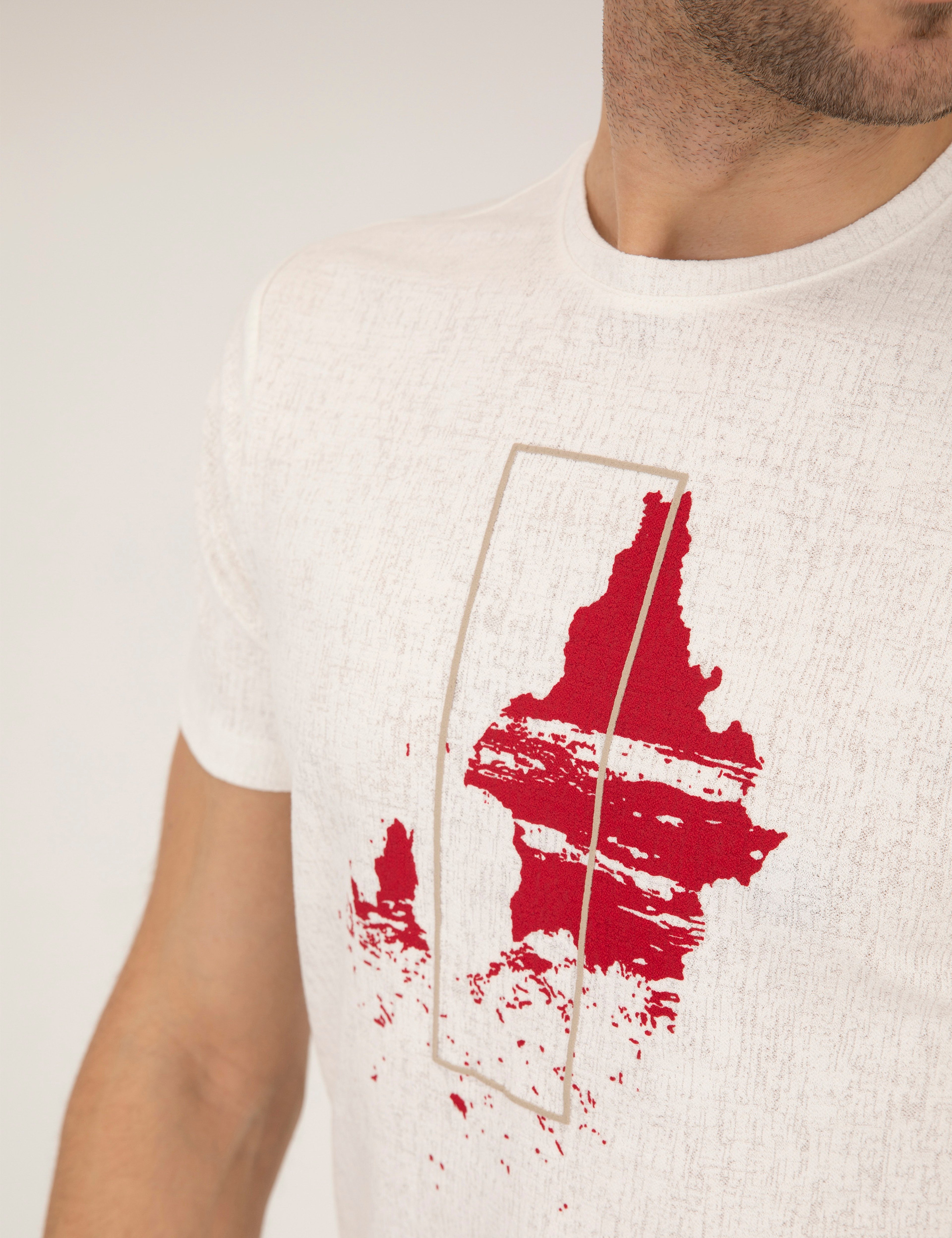 Ekru Slim Fit Baskılı Bisiklet Yaka Tişört - Image 7