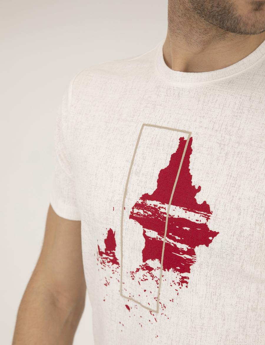 Ekru Slim Fit Baskılı Bisiklet Yaka Tişört