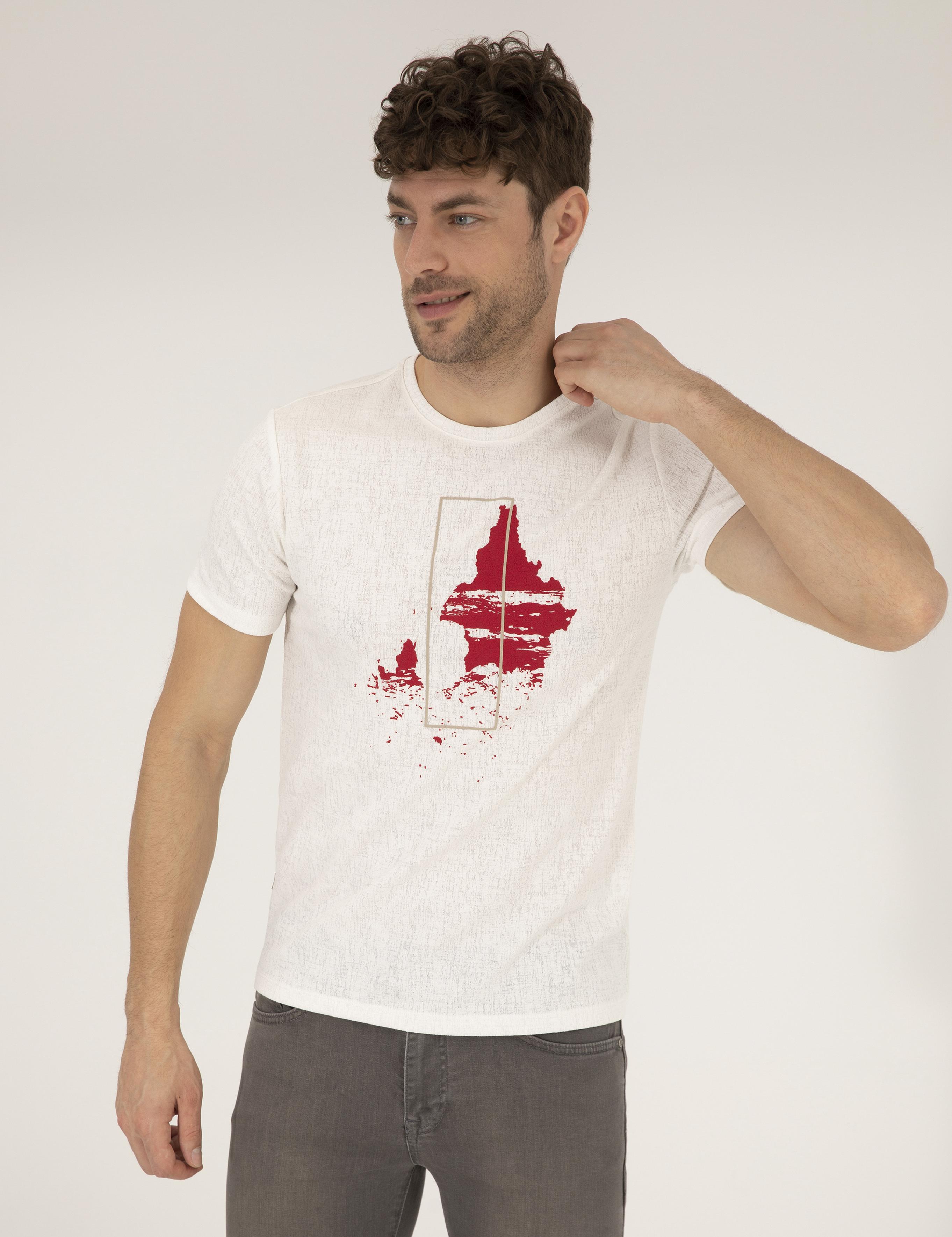 Ekru Slim Fit Baskılı Bisiklet Yaka Tişört