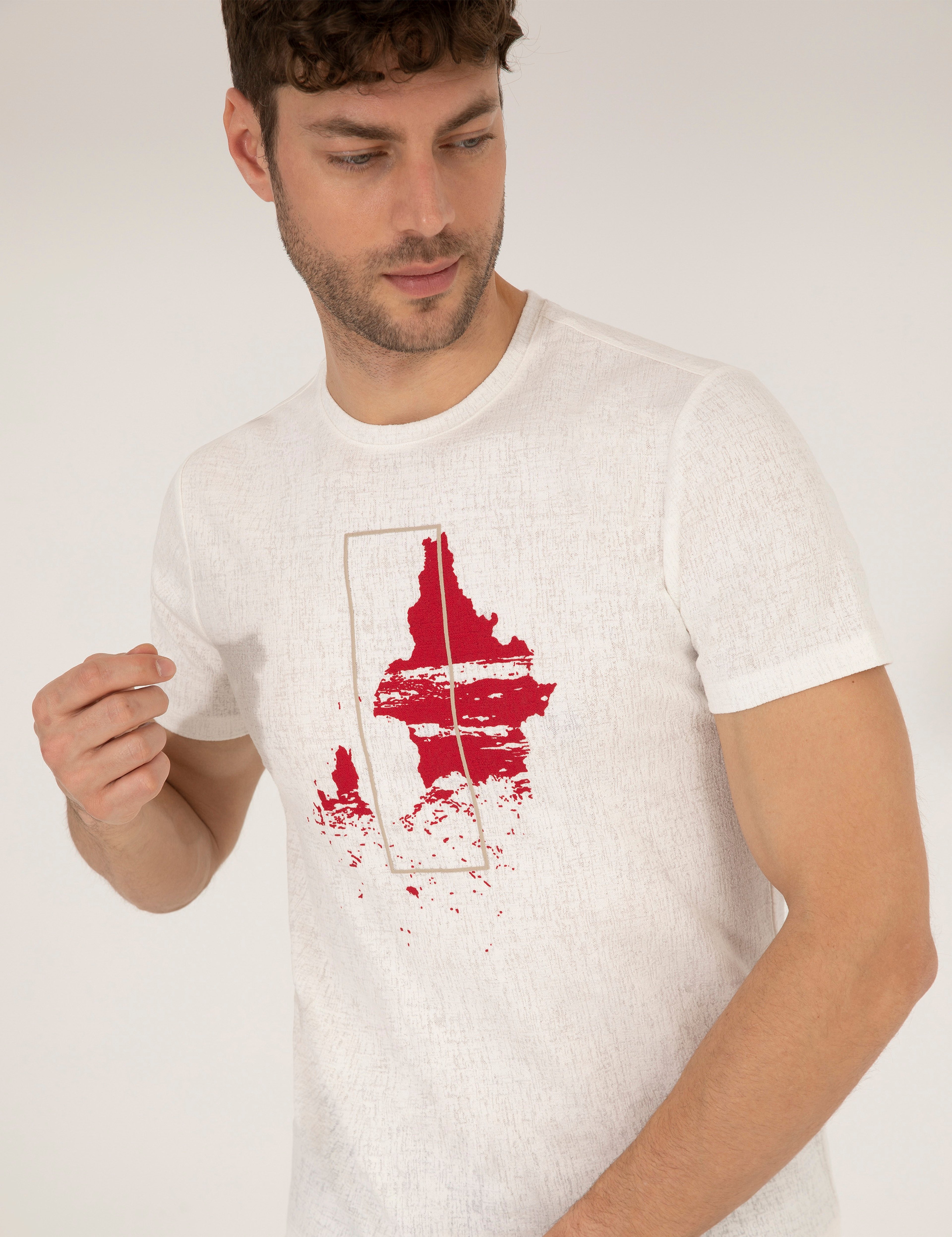 Ekru Slim Fit Baskılı Bisiklet Yaka Tişört - Image 3