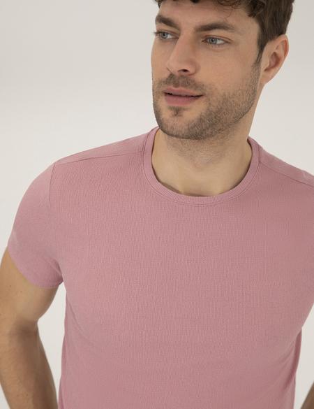 Pembe Slim Fit Dokulu Bisiklet Yaka Tişört - 50267575011
