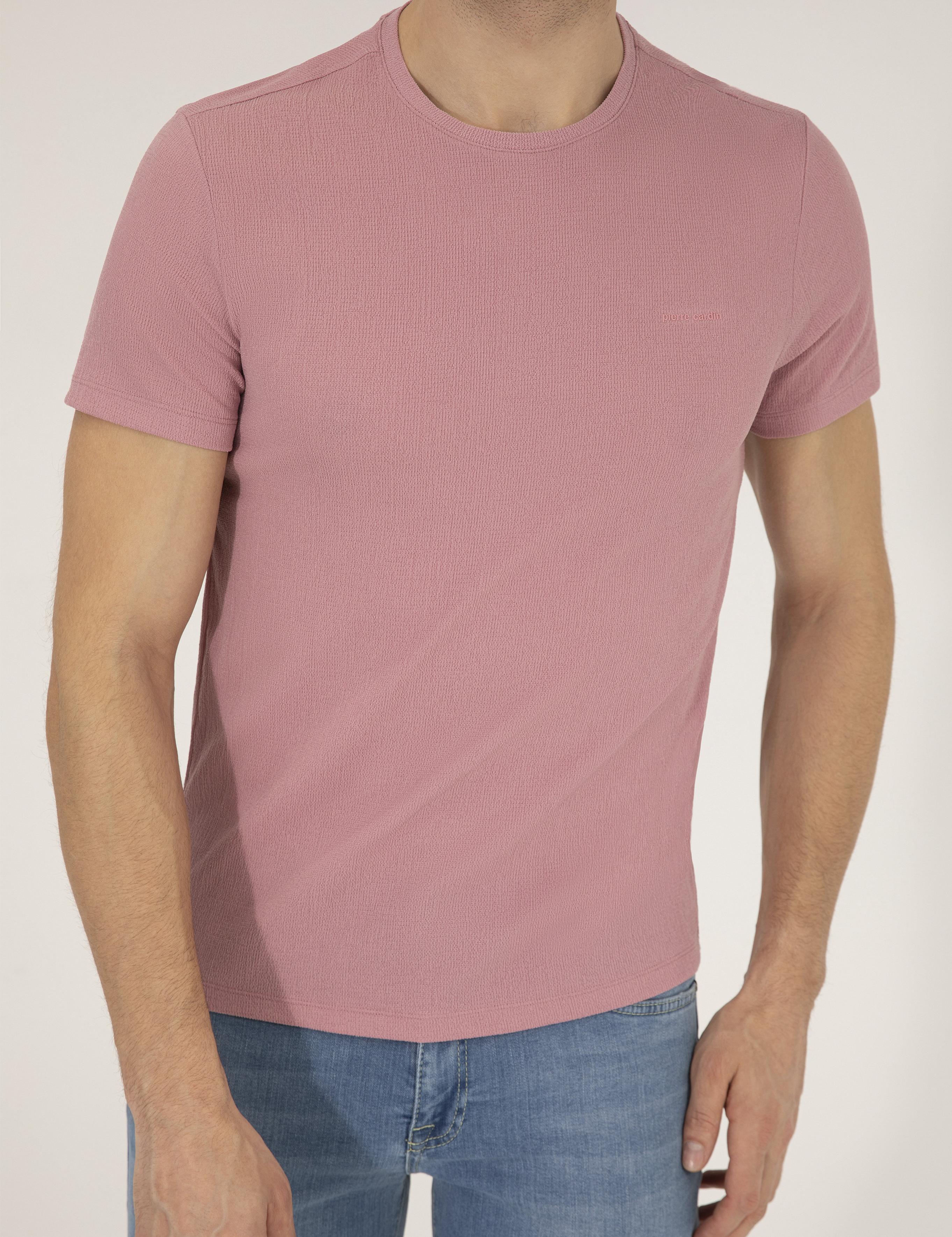 Pembe Slim Fit Dokulu Bisiklet Yaka Tişört