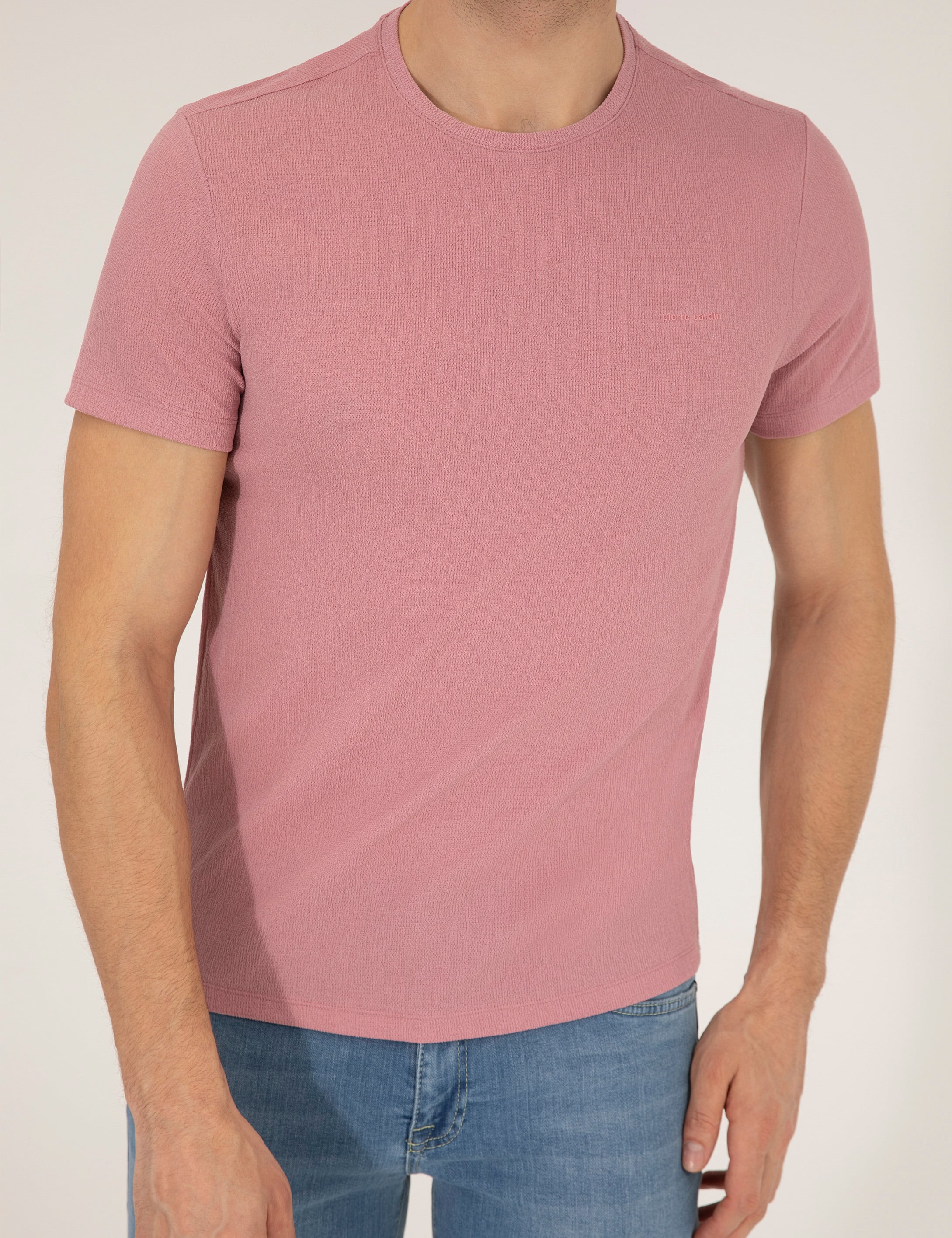 Pembe Slim Fit Dokulu Bisiklet Yaka Tişört - Image 6