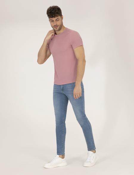 Pembe Slim Fit Dokulu Bisiklet Yaka Tişört - 50267575011
