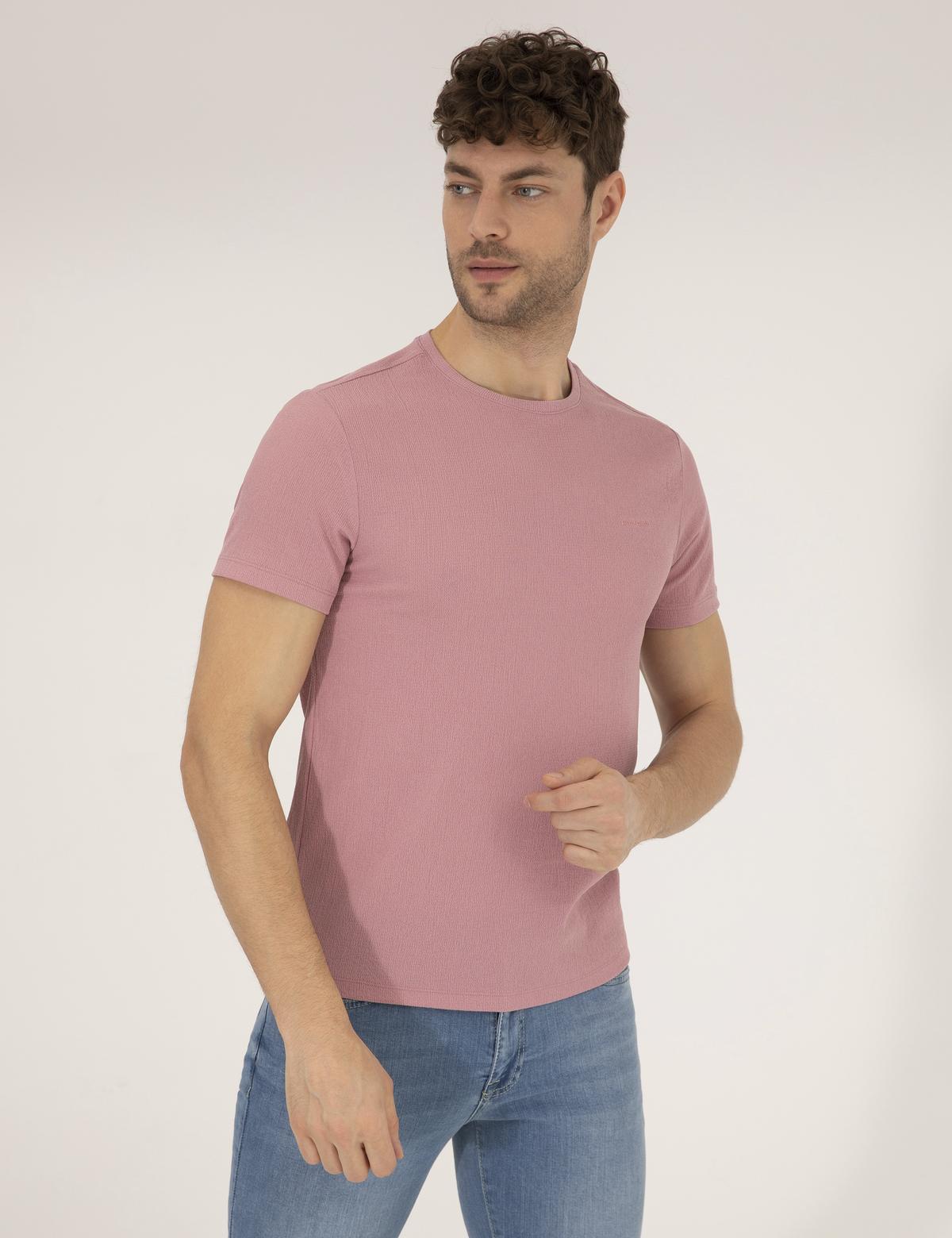 Pembe Slim Fit Dokulu Bisiklet Yaka Tişört