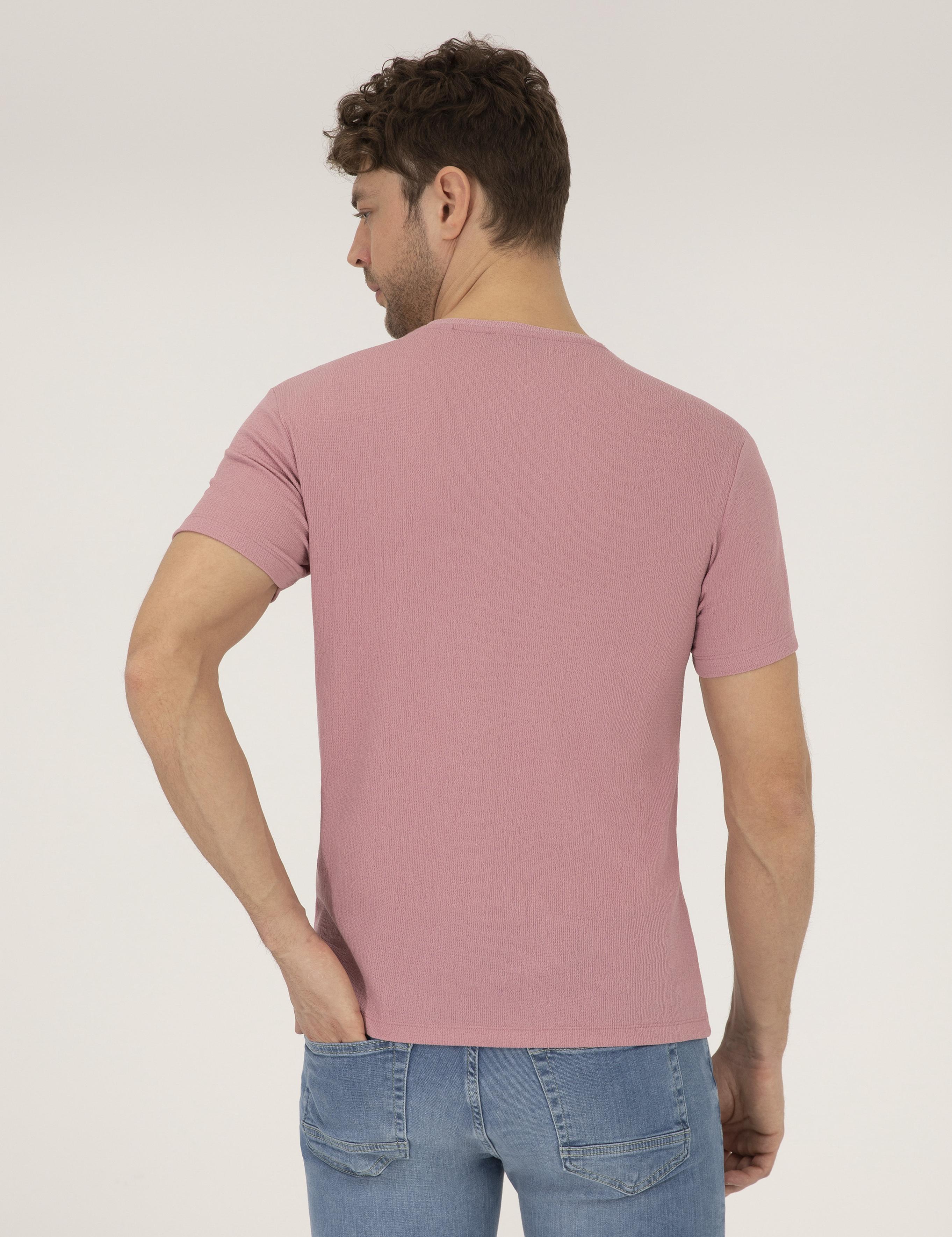 Pembe Slim Fit Dokulu Bisiklet Yaka Tişört