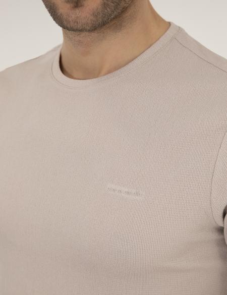 Bej Slim Fit Dokulu Bisiklet Yaka Tişört - 50267575048