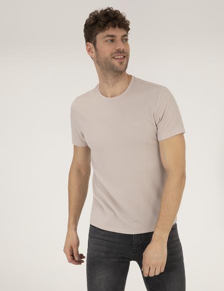 Bej Slim Fit Dokulu Bisiklet Yaka Tişört - 50267575048