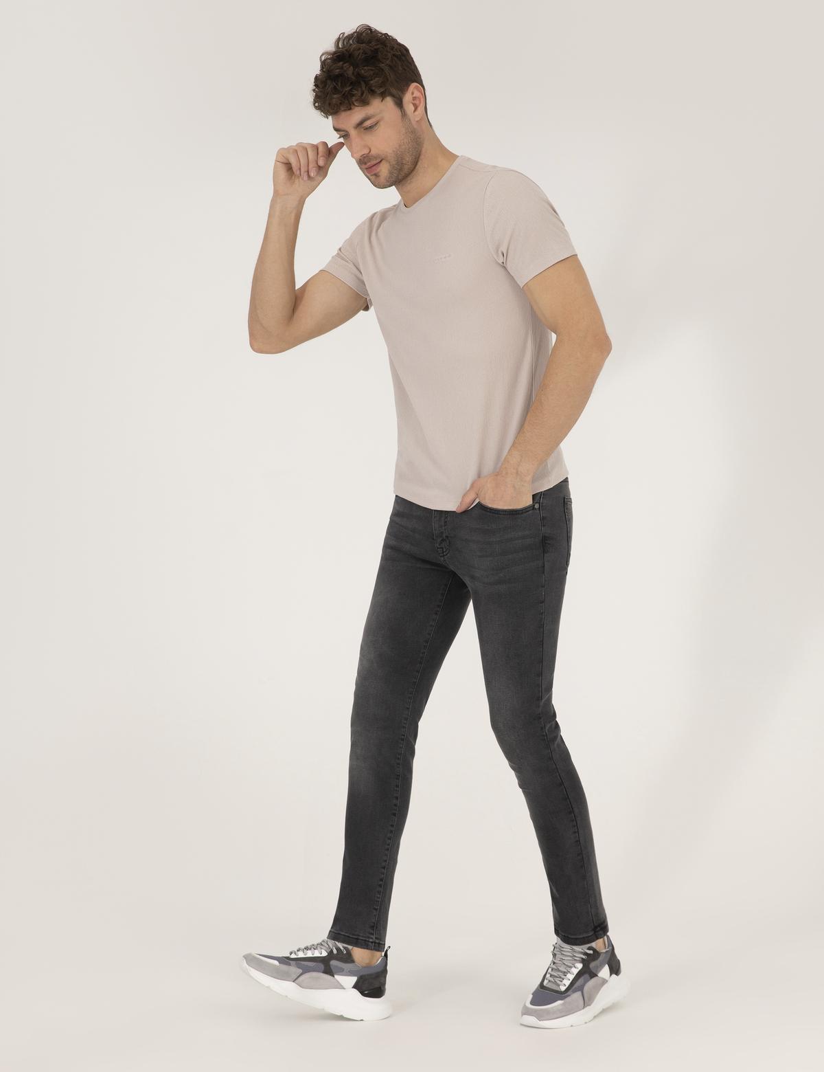 Bej Slim Fit Dokulu Bisiklet Yaka Tişört - 50267575048