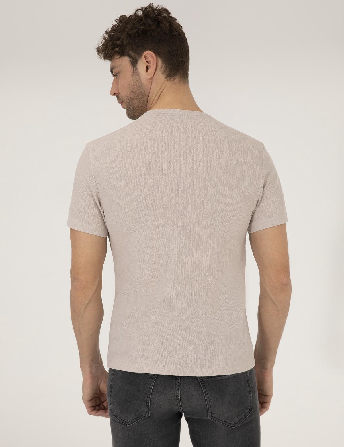 Bej Slim Fit Dokulu Bisiklet Yaka Tişört - 50267575048