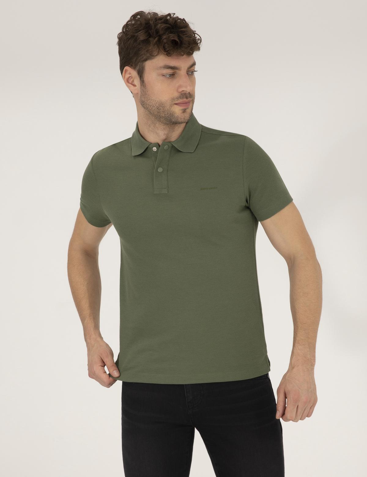 Haki Dokulu Slim Fit Polo Yaka Tişört