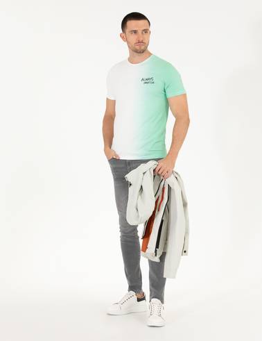 Açık Yeşil Slim Fit %100 Pamuk Degrade Geçişli Bisiklet Yaka Tişört