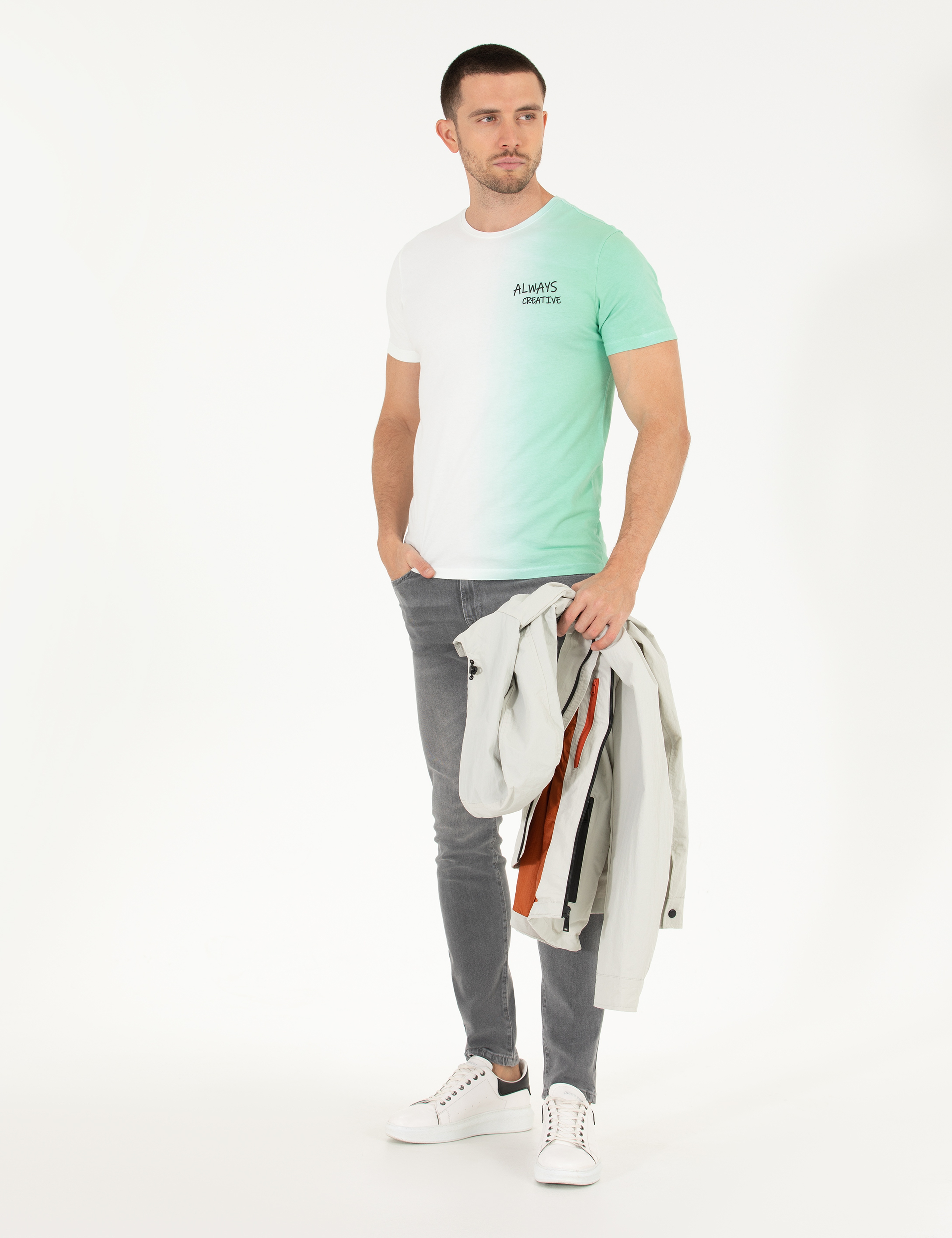 Açık Yeşil Slim Fit %100 Pamuk Degrade Geçişli Bisiklet Yaka Tişört - Image 4