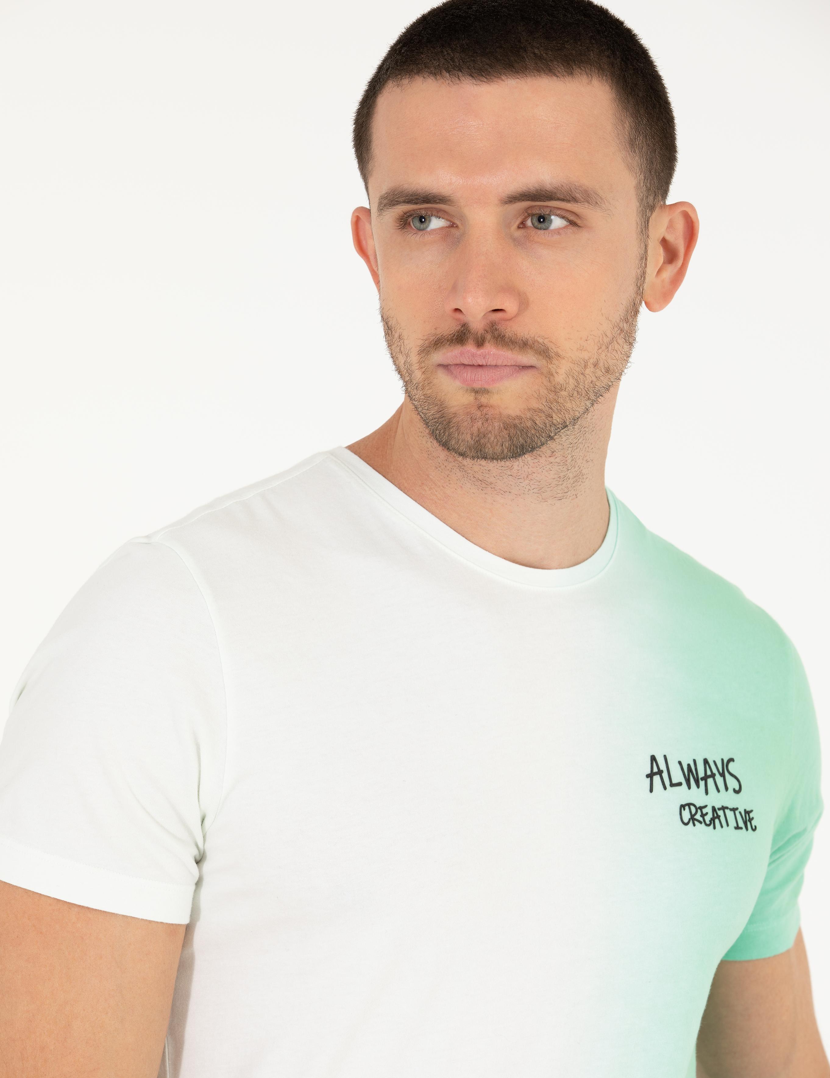 Açık Yeşil Slim Fit Degrade Geçişli Bisiklet Yaka Tişört