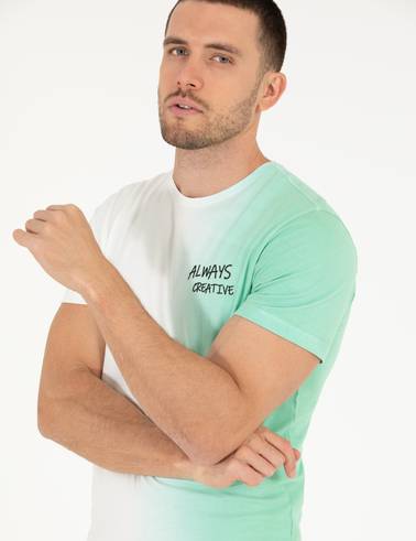 Açık Yeşil Slim Fit %100 Pamuk Degrade Geçişli Bisiklet Yaka Tişört