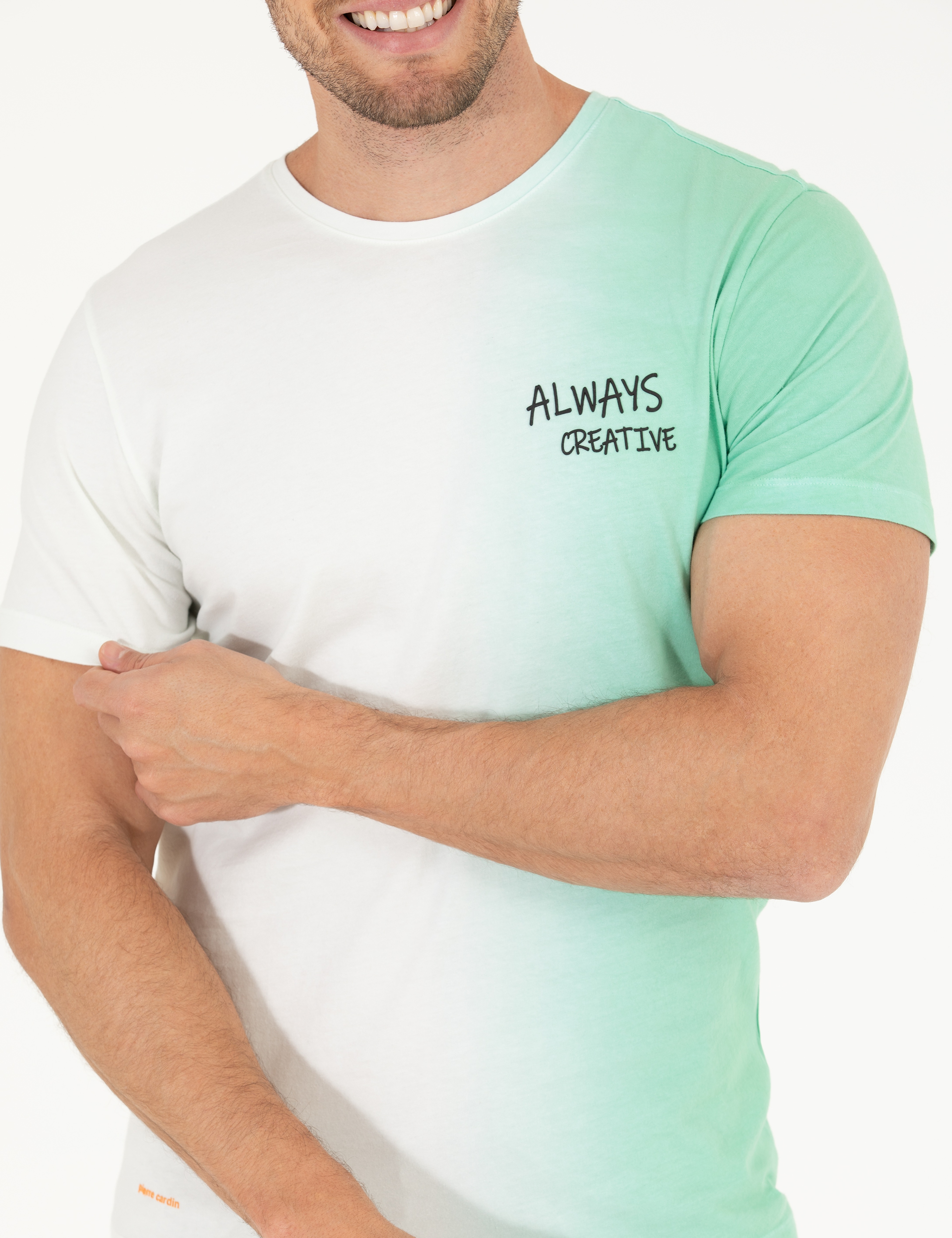 Açık Yeşil Slim Fit %100 Pamuk Degrade Geçişli Bisiklet Yaka Tişört