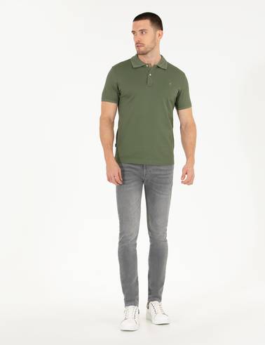 Haki Slim Fit %100 Pamuk Düğmeli Polo Yaka Merserize Basic Tişört