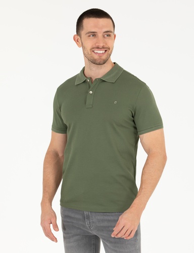 Haki Slim Fit %100 Pamuk Düğmeli Polo Yaka Merserize Basic Tişört