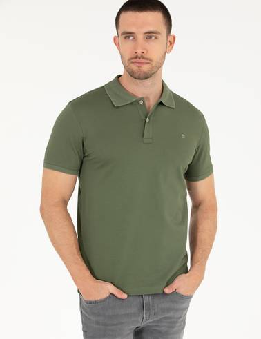 Haki Slim Fit %100 Pamuk Düğmeli Polo Yaka Merserize Basic Tişört