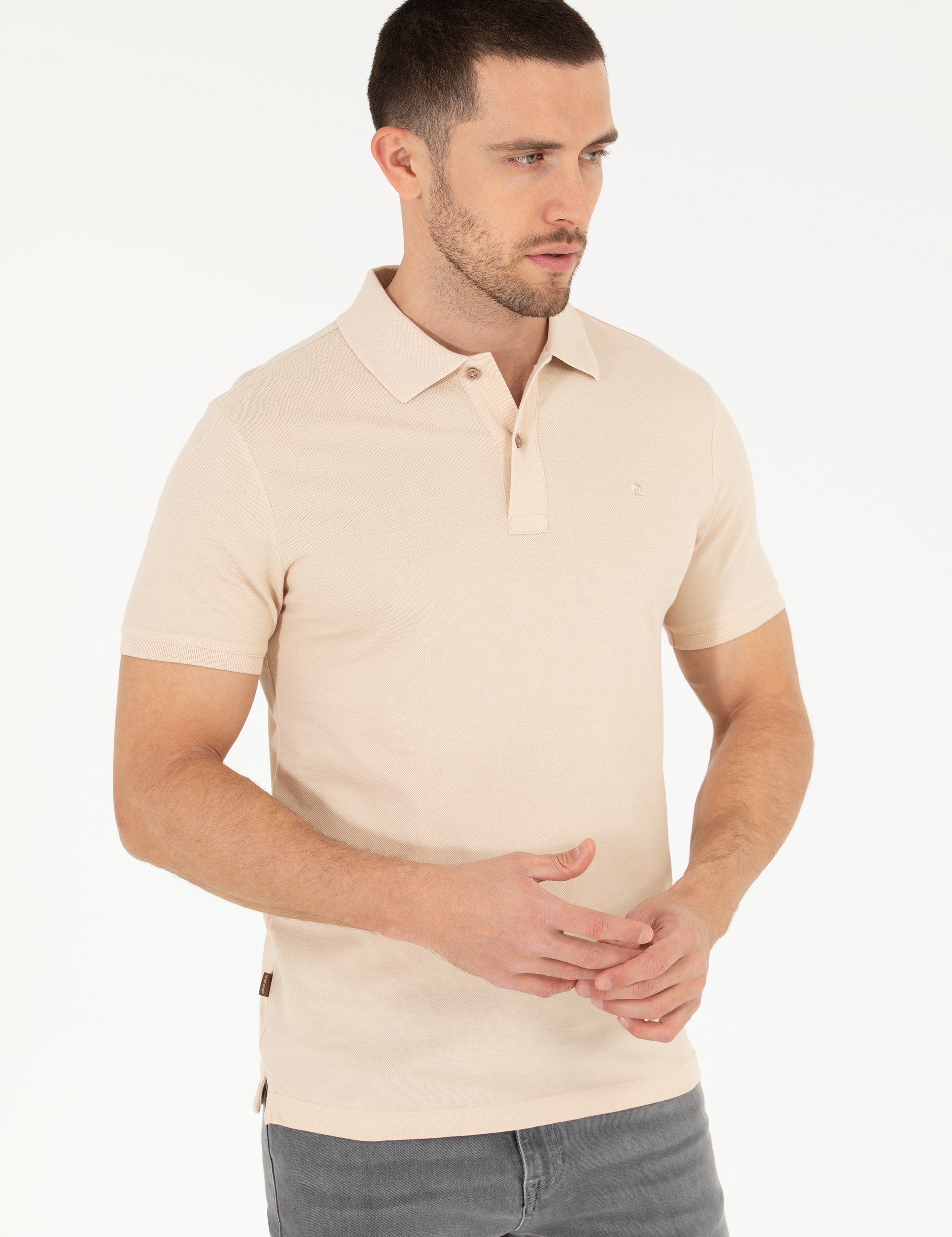 Bej Slim Fit Polo Yaka Basic Tişört - Image 2
