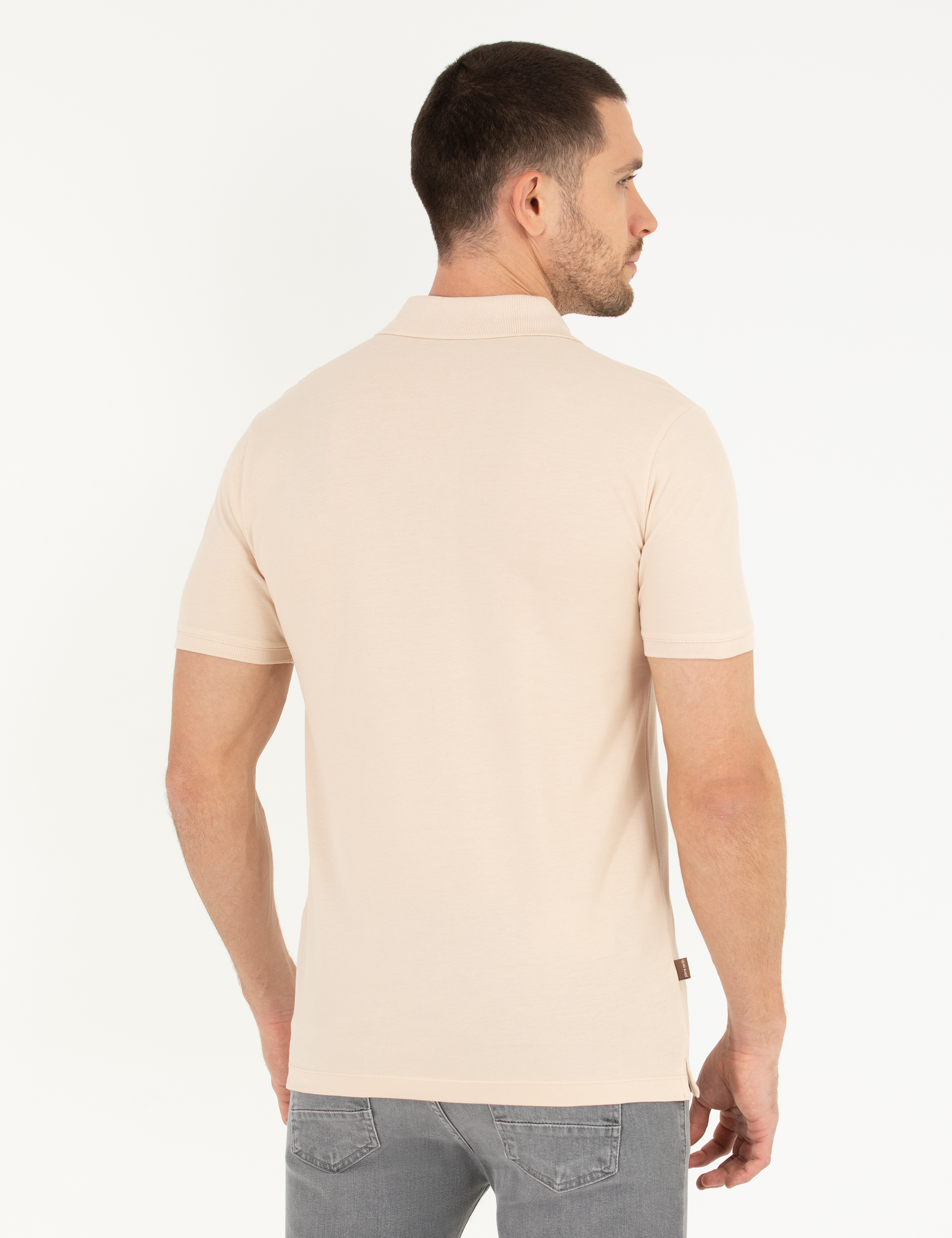Bej Slim Fit Polo Yaka Basic Tişört