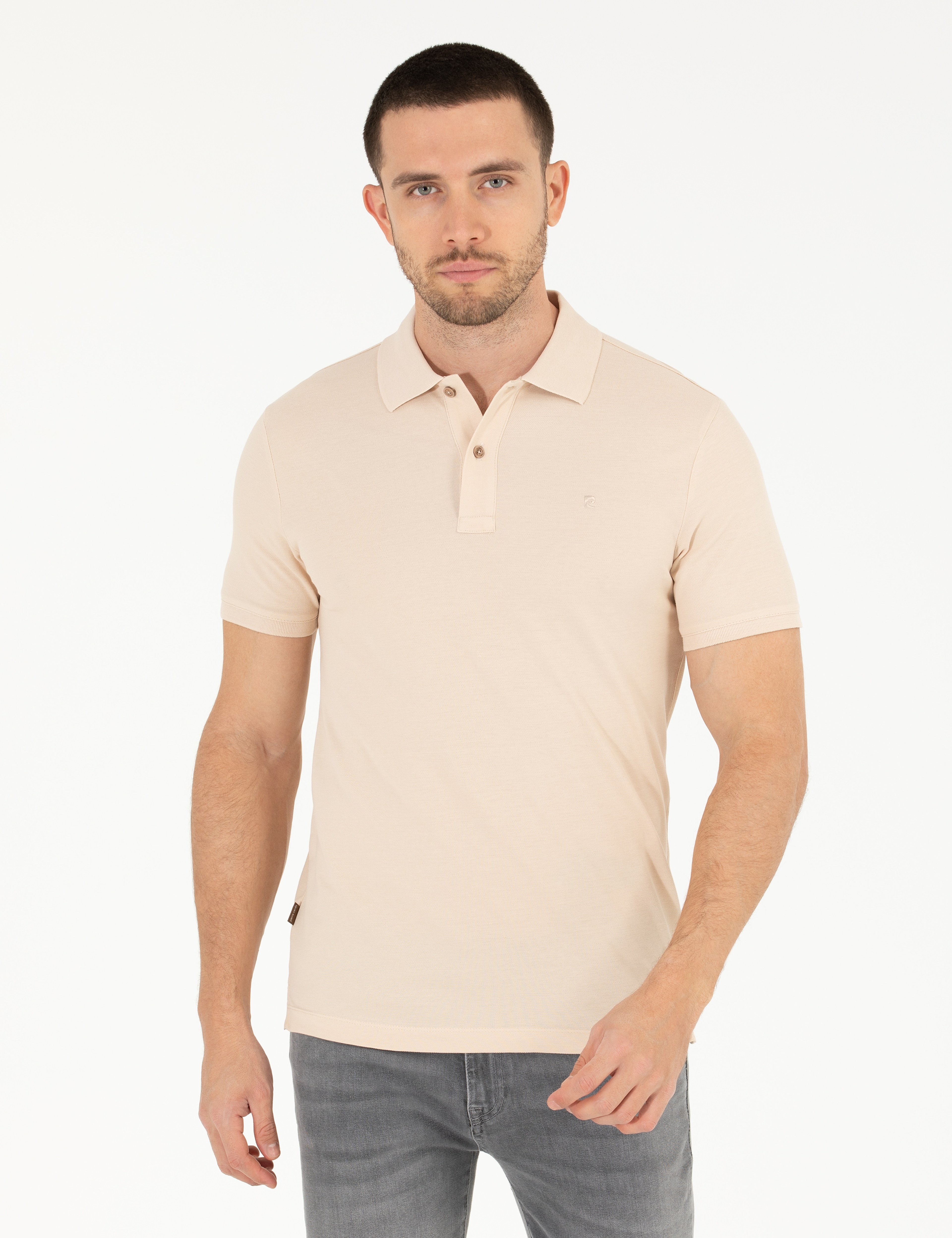 Bej Slim Fit Polo Yaka Basic Tişört - Image 1