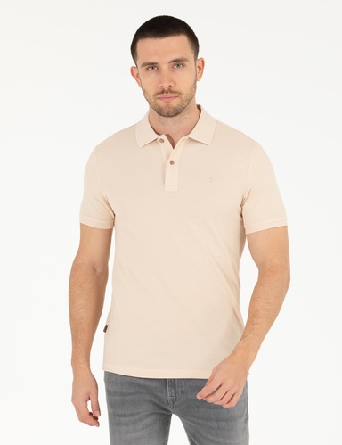 Bej Slim Fit %100 Pamuk Düğmeli Polo Yaka Basic Tişört
