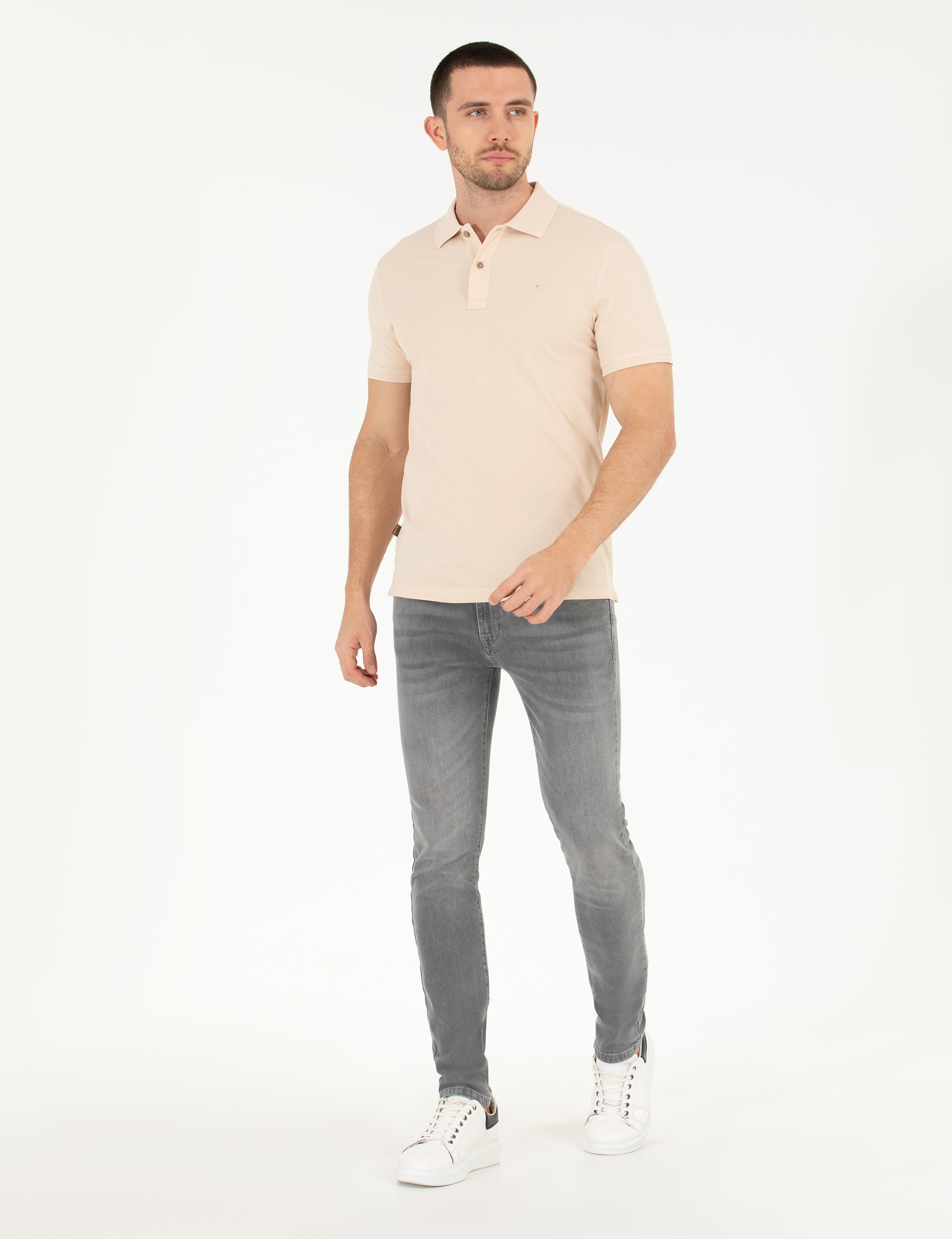 Bej Slim Fit Polo Yaka Basic Tişört