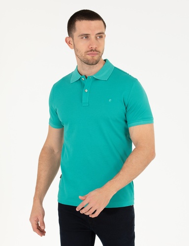 Yeşil Slim Fit %100 Pamuk Düğmeli Polo Yaka Merserize Basic Tişört