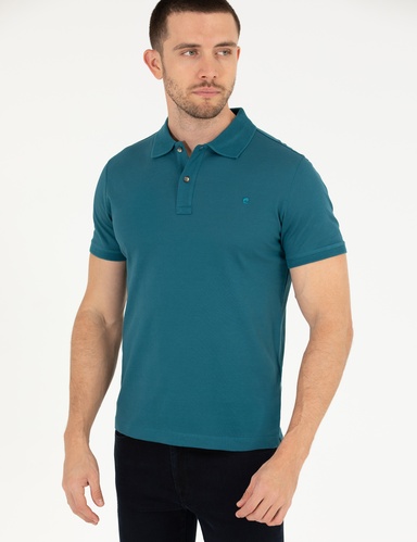 Yeşil Slim Fit %100 Pamuk Düğmeli Polo Yaka Merserize Basic Tişört