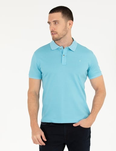 Açık Mavi Slim Fit %100 Pamuk Düğmeli Polo Yaka Merserize Basic Tişört