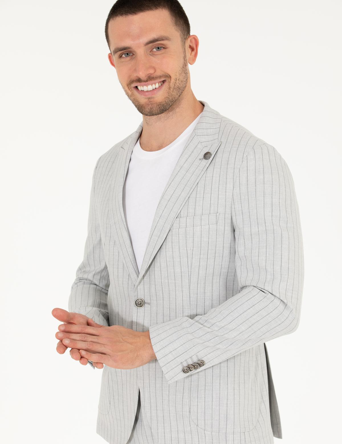 Gri Ex. Slim Fit Çizgili Spor Takım Elbise - 50264939008