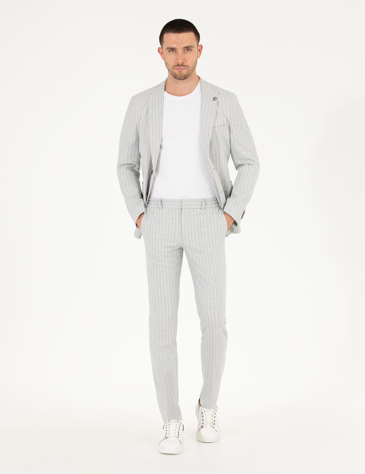 Gri Ex. Slim Fit Çizgili Spor Takım Elbise - 50264939008