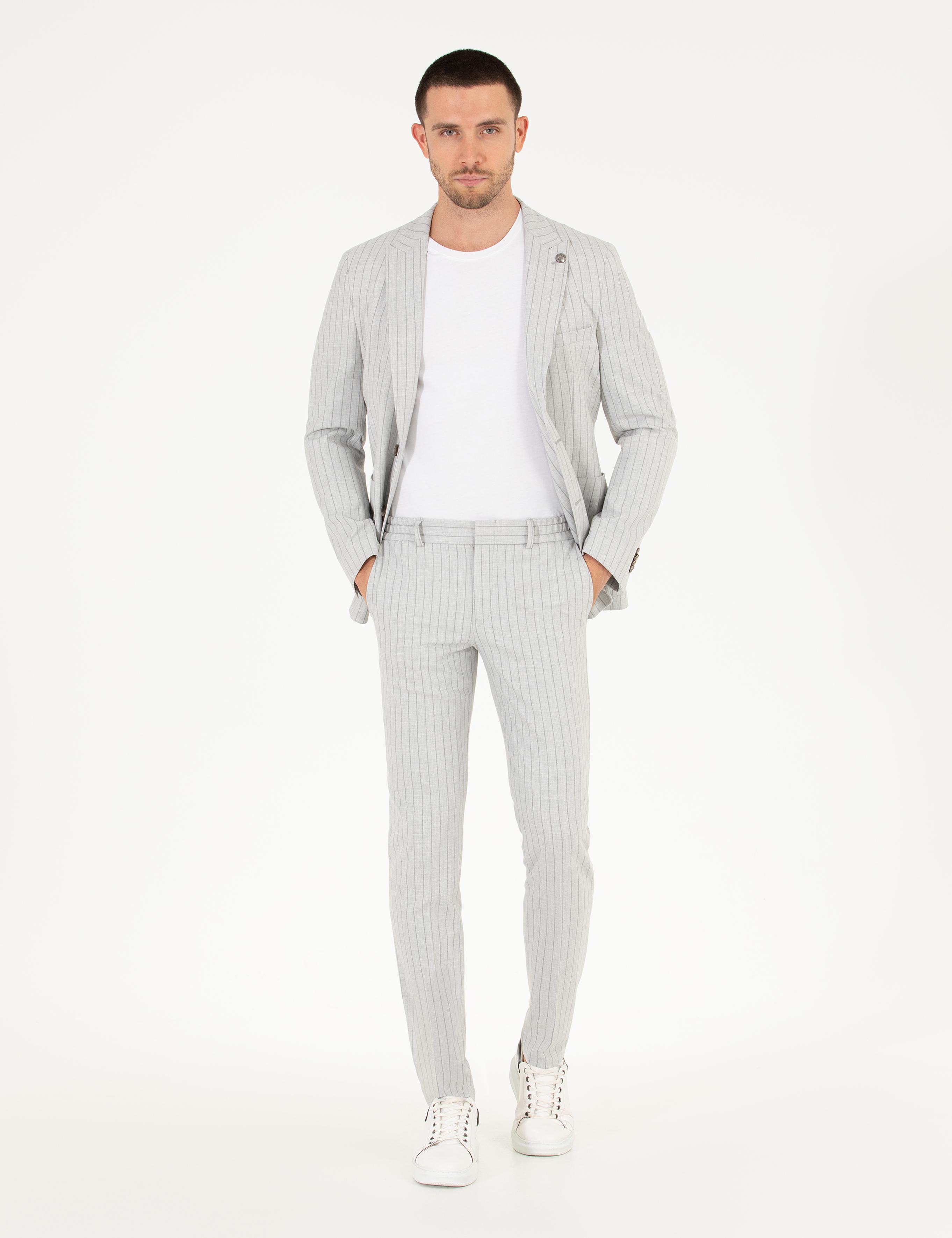 Gri Ex. Slim Fit Çizgili Spor Takım Elbise