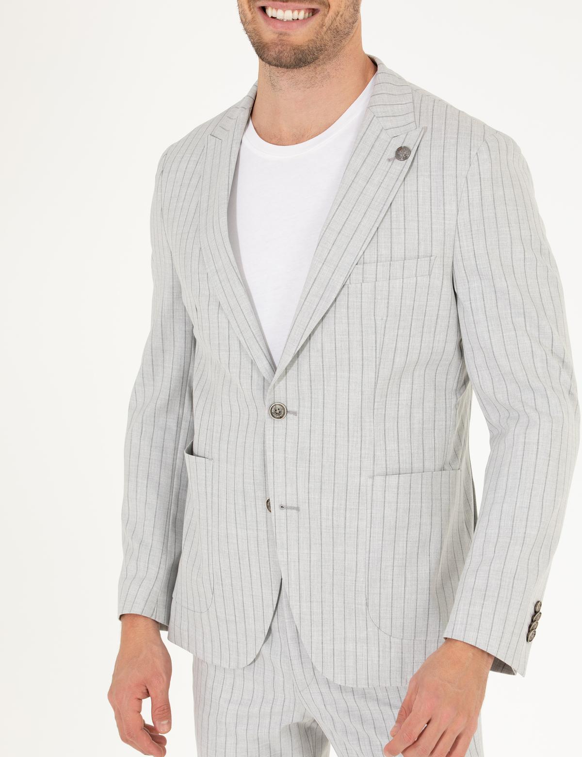 Gri Ex. Slim Fit Çizgili Spor Takım Elbise - 50264939008