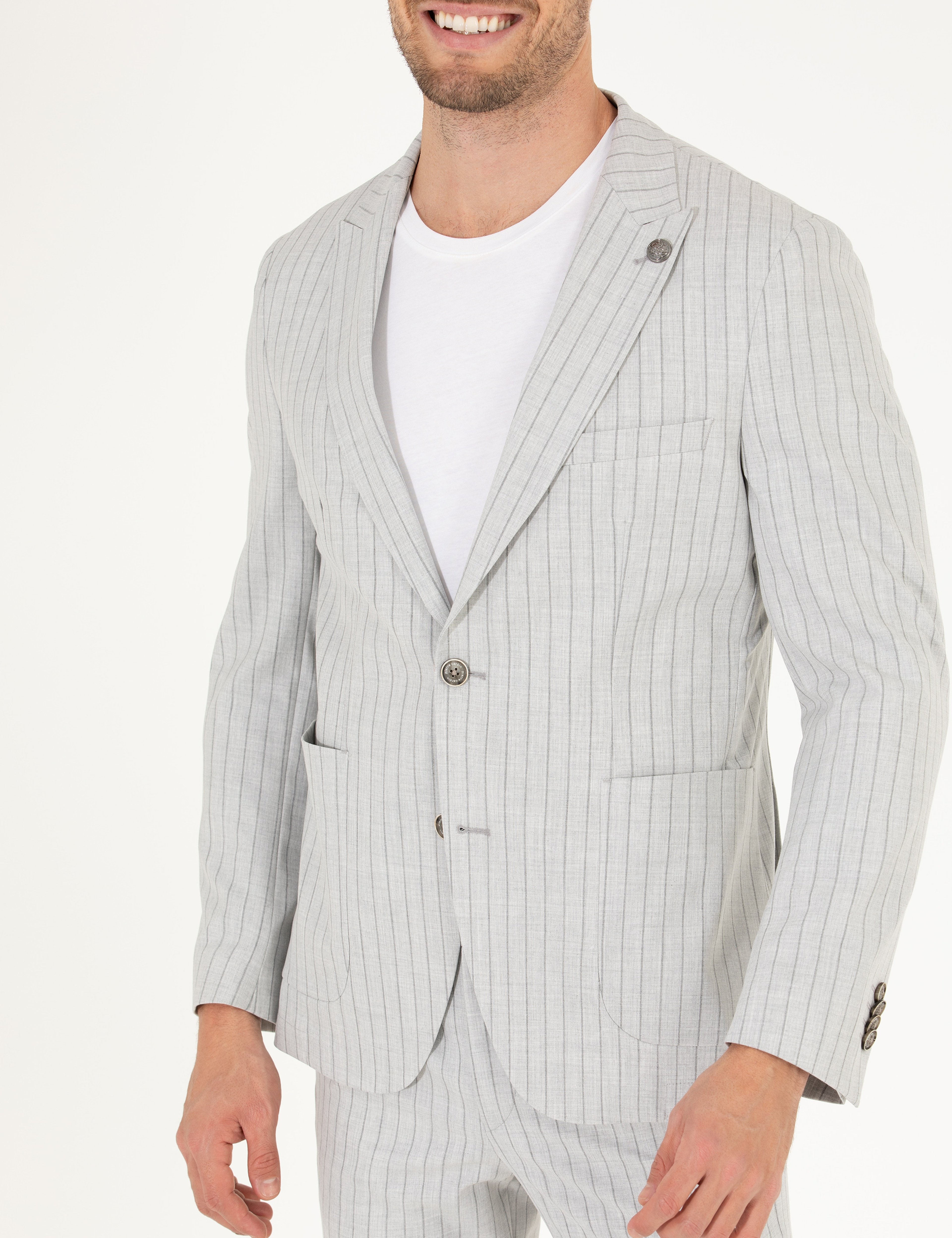 Gri Extra Slim Fit Çizgili Spor Takım Elbise