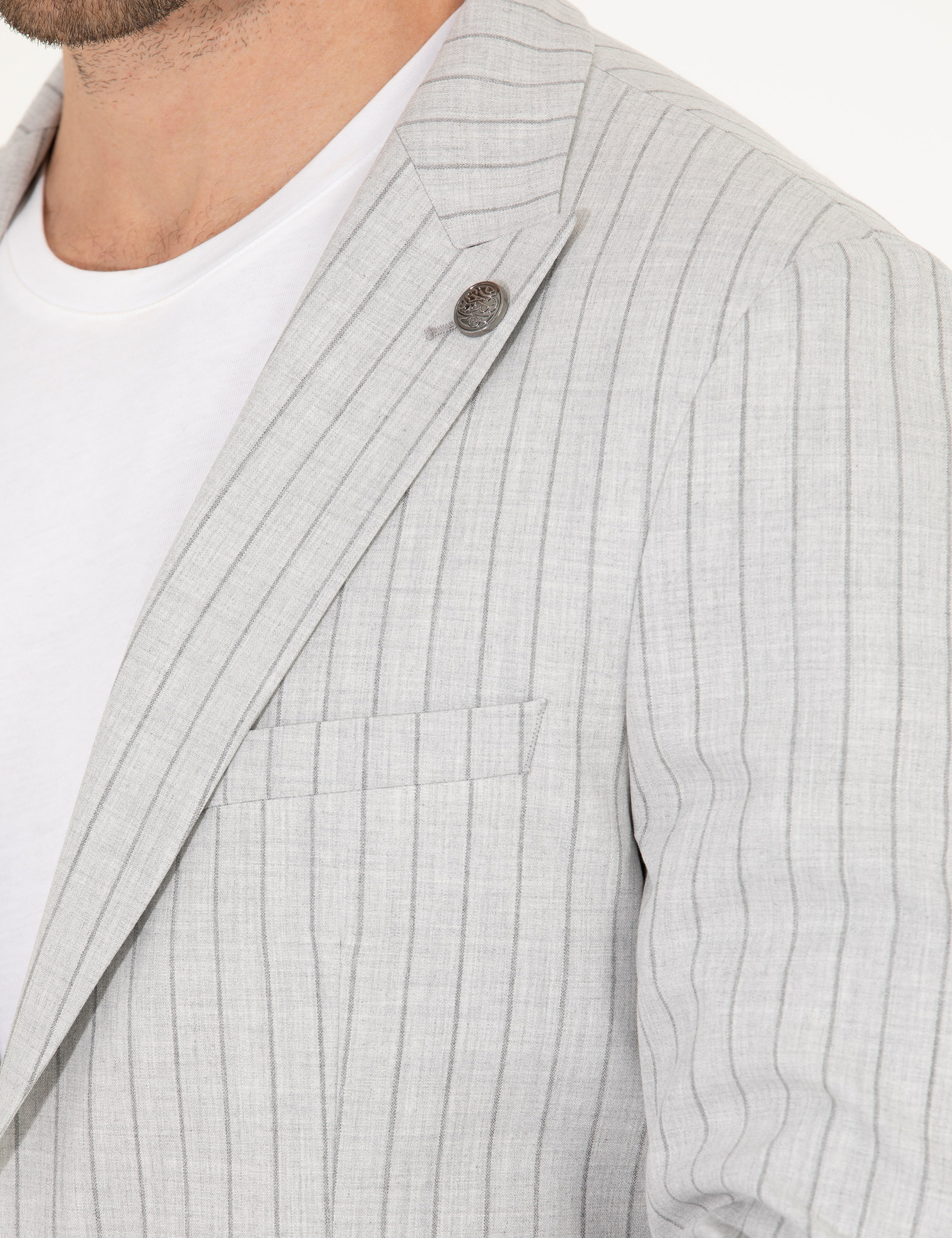 Gri Extra Slim Fit Çizgili Spor Takım Elbise